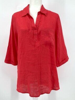 Ellen Tracy: red linen short sleeve tunic blouse (S)‎